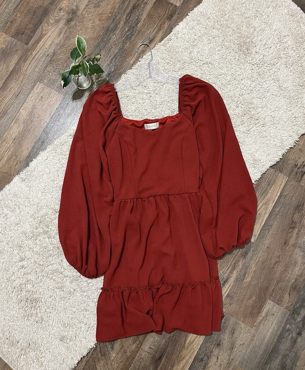 Altar'd State Small Burnt Orange Balloon Sleeve Square Neck Tiered Mini Dress